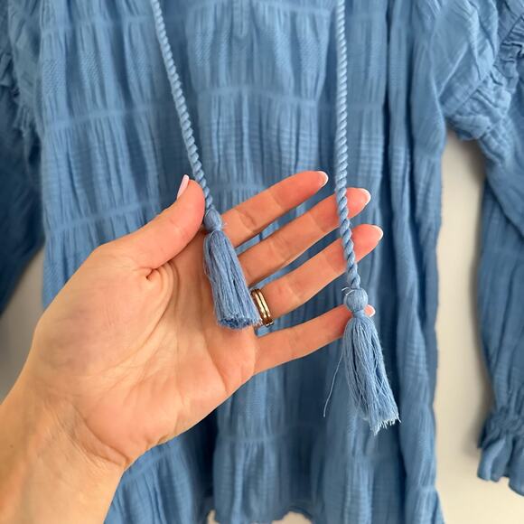 Cleobella Azariah Long Sleeve Smocked Split Neck Blouse Blue S - Picture 8 of 12